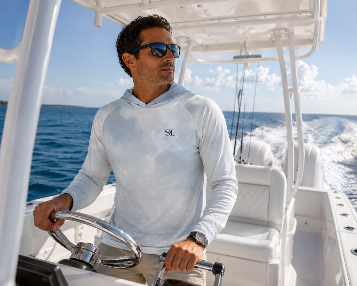 Saltline Sea Fog UPF 50+ sun hoodie lifestyle image