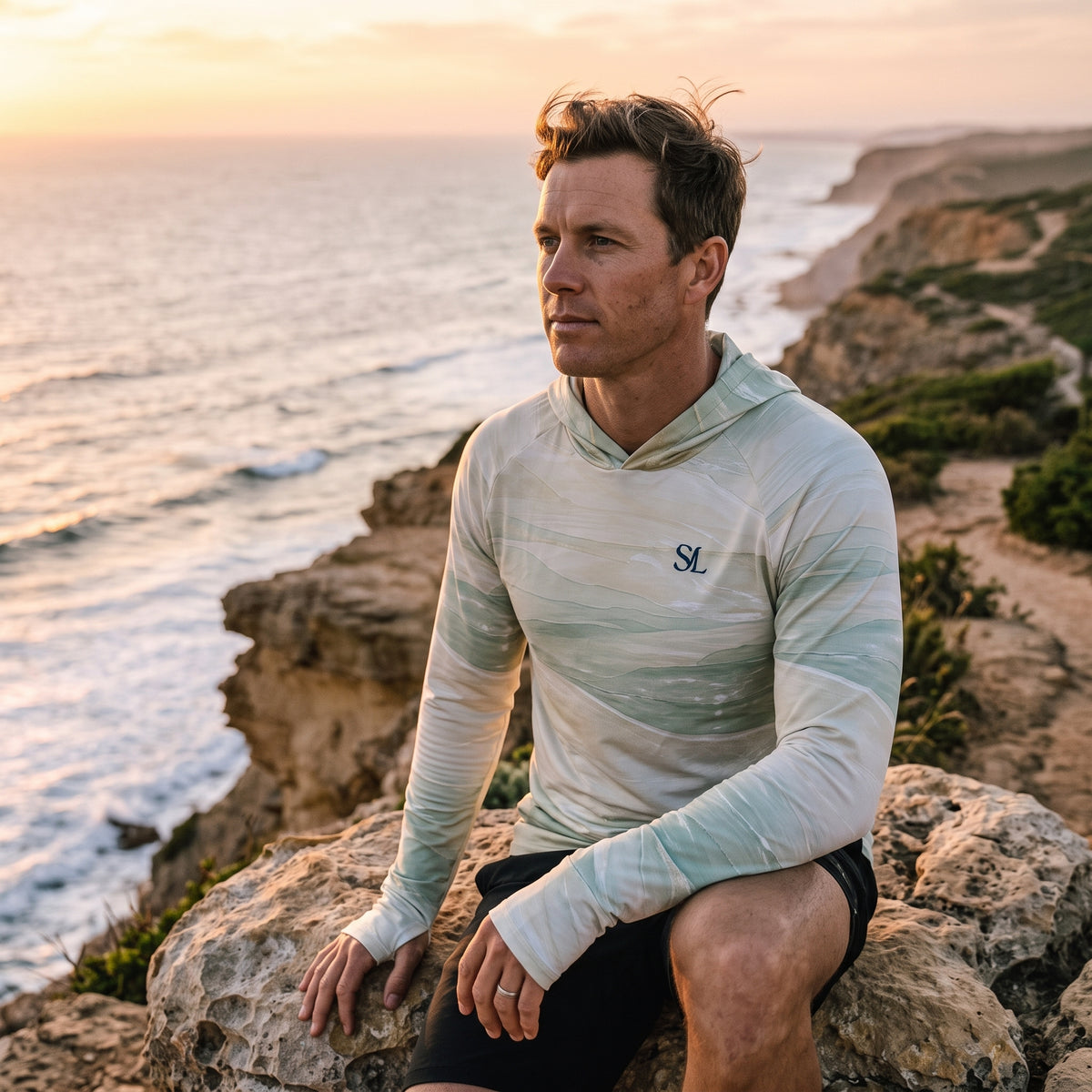 Saltline Sea Grass UPF 50+ sun hoodie lifestyle image
