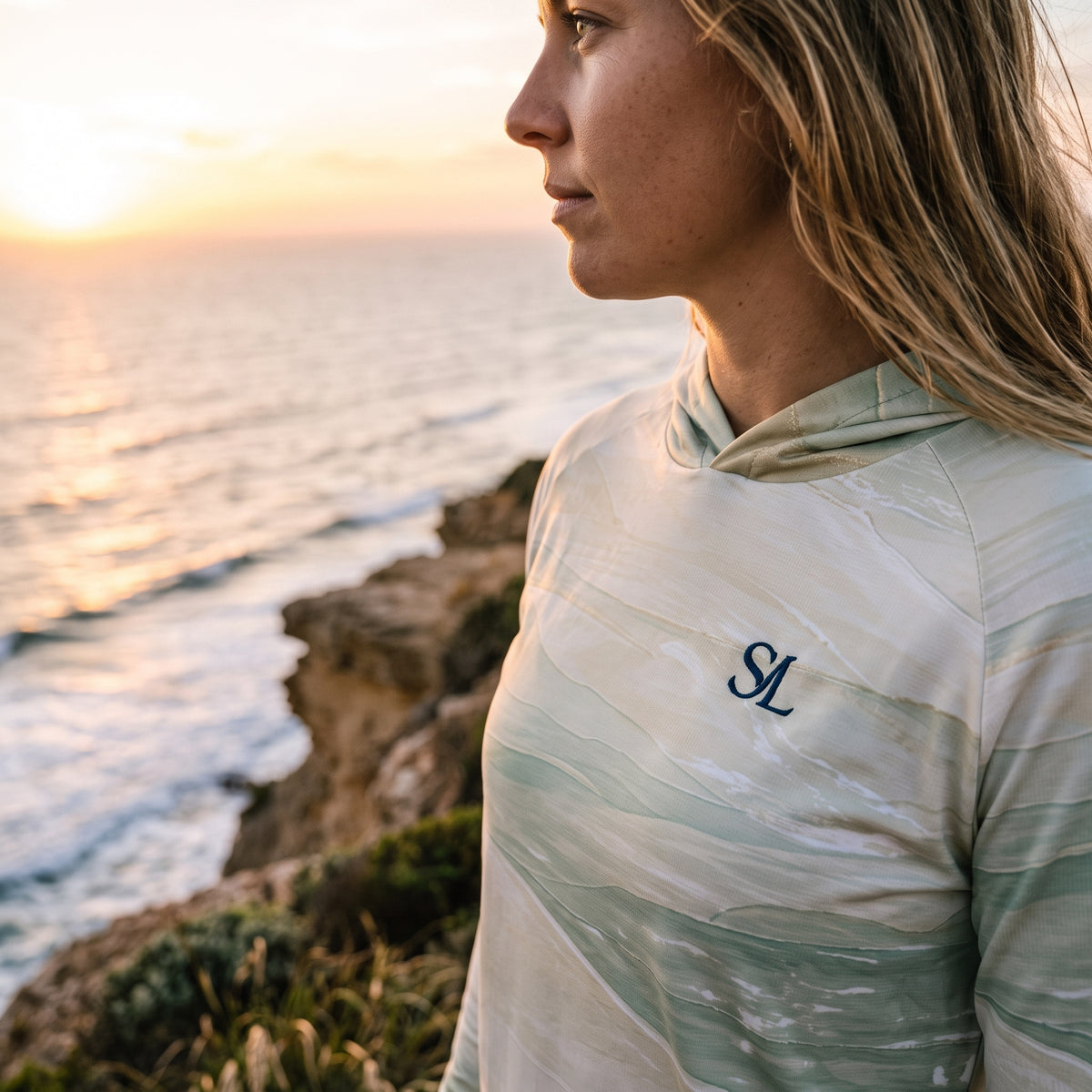 Saltline Sea Grass UPF 50+ sun hoodie lifestyle image