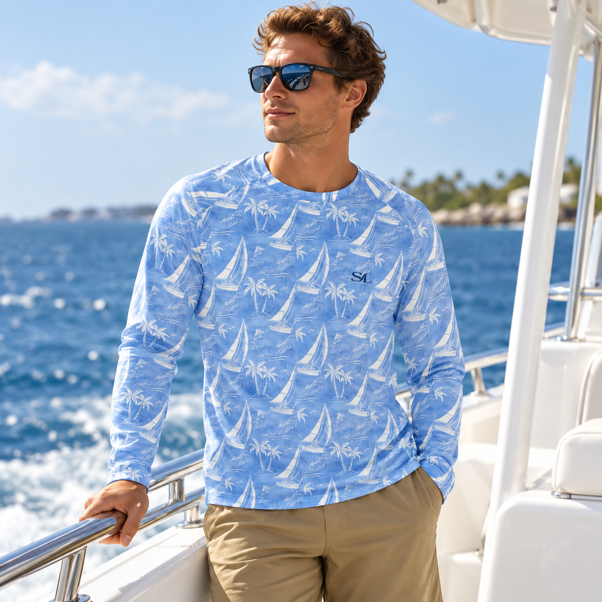 Man wearing Trade Winds Sun Shirt in a coastal setting