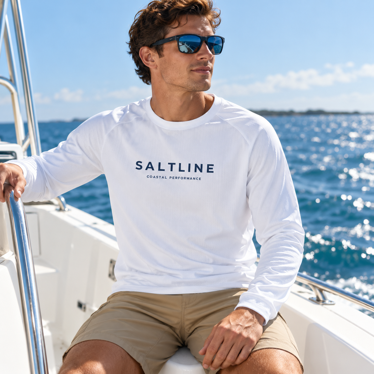 Man wearing Whitecap Coastal Performance Sun Shirt in a coastal setting